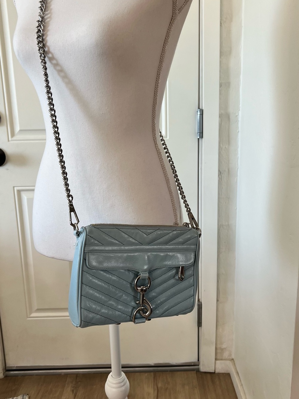 Rebecca Minkoff Light Blue Quilted Leather Mini Mac Crossbody with Silver Chain